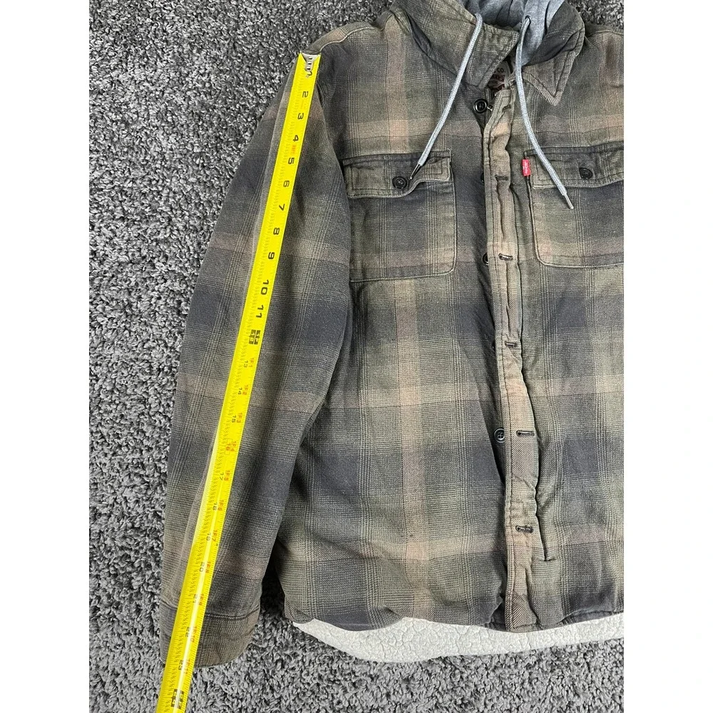 Levis Mens Plaid Hooded Flannel Sherpa Lined Shirt Jacket Brown Olive Size M - Picture 5 of 10